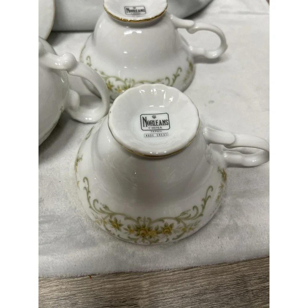 Vintage Norleans Rose Crest China Japan 4 Teacups & Lidded Sugar Bowl Gold